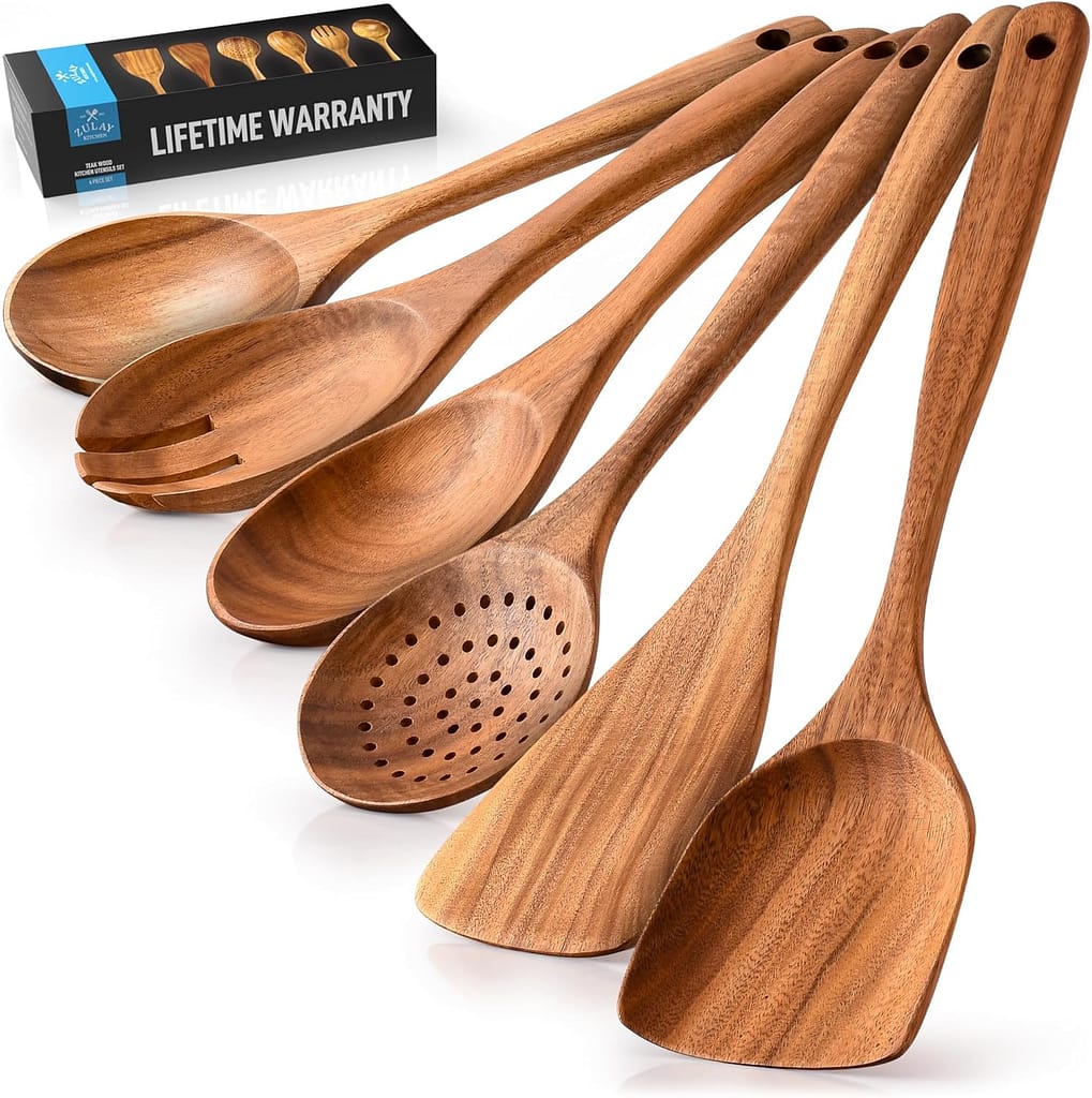 Zulay Kitchen 6-Piece Wooden Cooking Spoons Set – Heat-Resistant, Smooth Teak Utensils with Comfort Grip – Lightweight Durable – Easy to Clean, Perfect for Non-Stick Cookware Zulay Kitchen 6-Piece Wooden Cooking Spoons Set – Heat-Resistant, Smooth Teak Utensils with Comfort Grip – Lightweight Durable – Easy to Clean, Perfect for Non-Stick Cookware