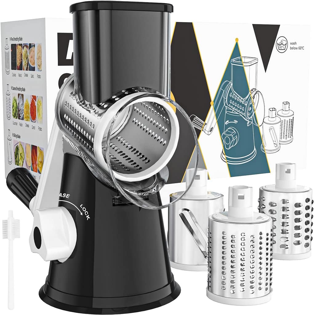 Cambom Rotary Cheese Grater Hand Crank Cheese Shredder for Fresh Cheese, Vegetable, Nuts,Non-slip Suction Base, Free Cleaning Brush Three Blades, Black Cambom Rotary Cheese Grater Hand Crank Cheese Shredder for Fresh Cheese, Vegetable, Nuts,Non-slip Suction Base, Free Cleaning Brush Three Blades, Black