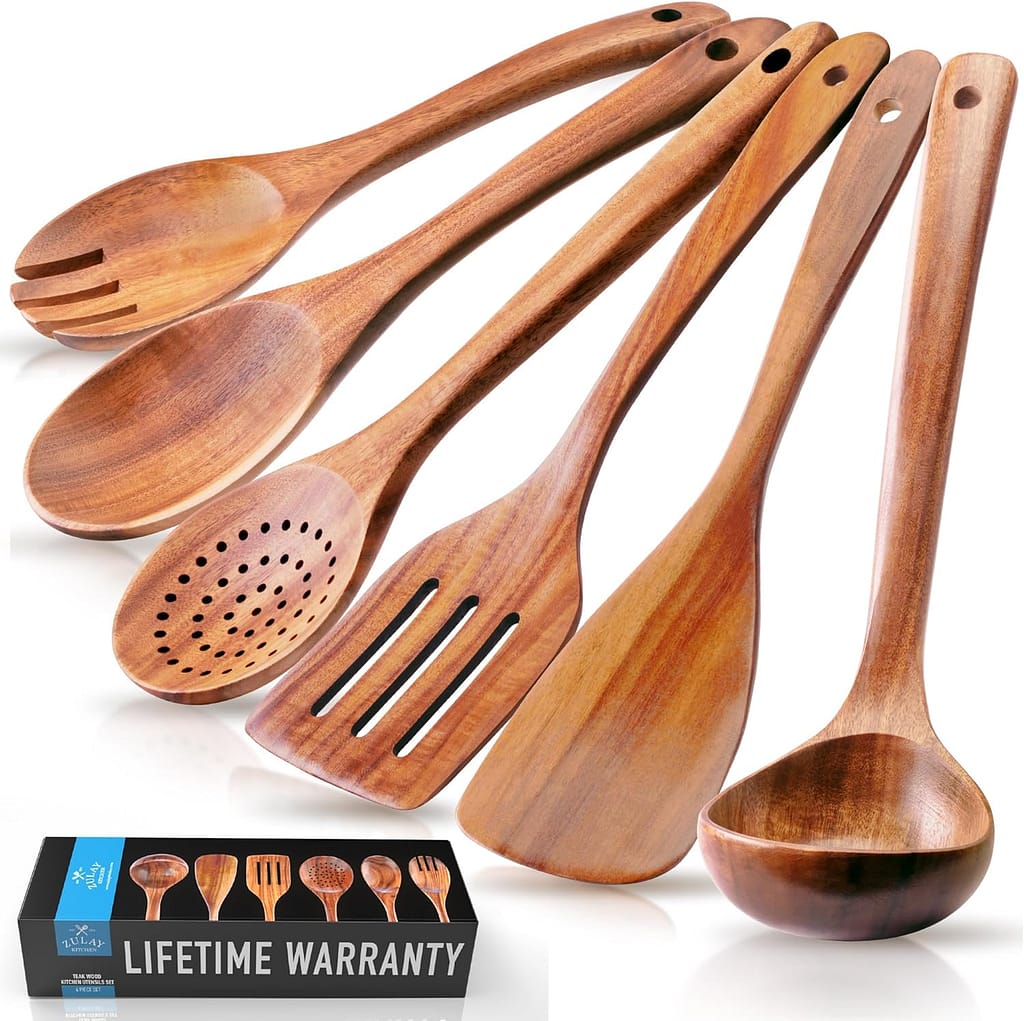 Zulay Kitchen 6-Piece Wooden Cooking Spoons Set – Heat-Resistant, Smooth Teak Utensils with Comfort Grip – Lightweight Durable – Easy to Clean, Perfect for Non-Stick Cookware Zulay Kitchen 6-Piece Wooden Cooking Spoons Set – Heat-Resistant, Smooth Teak Utensils with Comfort Grip – Lightweight Durable – Easy to Clean, Perfect for Non-Stick Cookware
