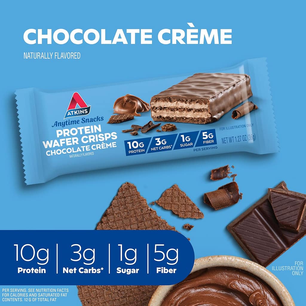 Atkins Chocolate Crème Protein Wafer Crisps, Protein Dessert, 4g Net Carb, 1g Sugar, High in Fiber, Keto Friendly, 5 Count Atkins Chocolate Crème Protein Wafer Crisps, Protein Dessert, 4g Net Carb, 1g Sugar, High in Fiber, Keto Friendly, 5 Count