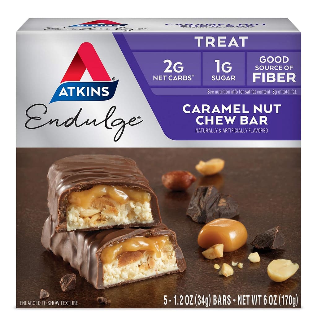 Atkins Endulge Caramel Nut Chew Bar, Dessert Favorite, 1g Sugar, Good Source of Fiber, 5 Count Atkins Endulge Caramel Nut Chew Bar, Dessert Favorite, 1g Sugar, Good Source of Fiber, 5 Count