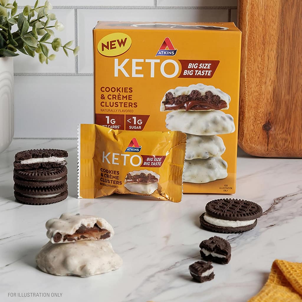 Atkins Keto Cookies Crème Clusters, Gluten Free, High Fiber, Low Carb, Keto Friendly, 8 Count Atkins Keto Cookies Crème Clusters, Gluten Free, High Fiber, Low Carb, Keto Friendly, 8 Count