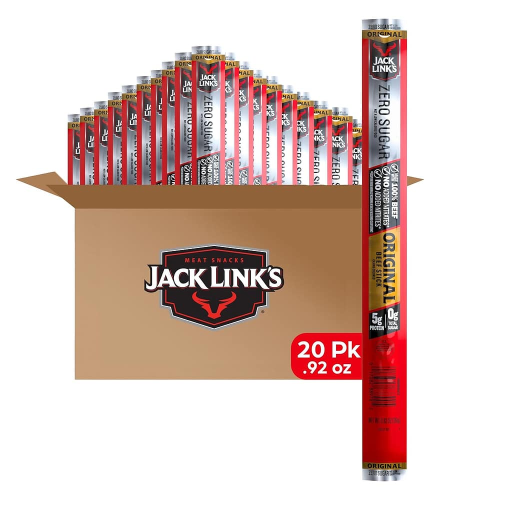 Jack Links Beef Sticks, Original Zero Sugar – Protein Snack, Meat Stick with 5g of Protein, Meat Snack Sticks Made with 100% Beef, Keto Paleo Diet Friendly, Individually Wrapped – 0.92 Oz. (20 Count) Jack Links Beef Sticks, Original Zero Sugar – Protein Snack, Meat Stick with 5g of Protein, Meat Snack Sticks Made with 100% Beef, Keto Paleo Diet Friendly, Individually Wrapped – 0.92 Oz. (20 Count)