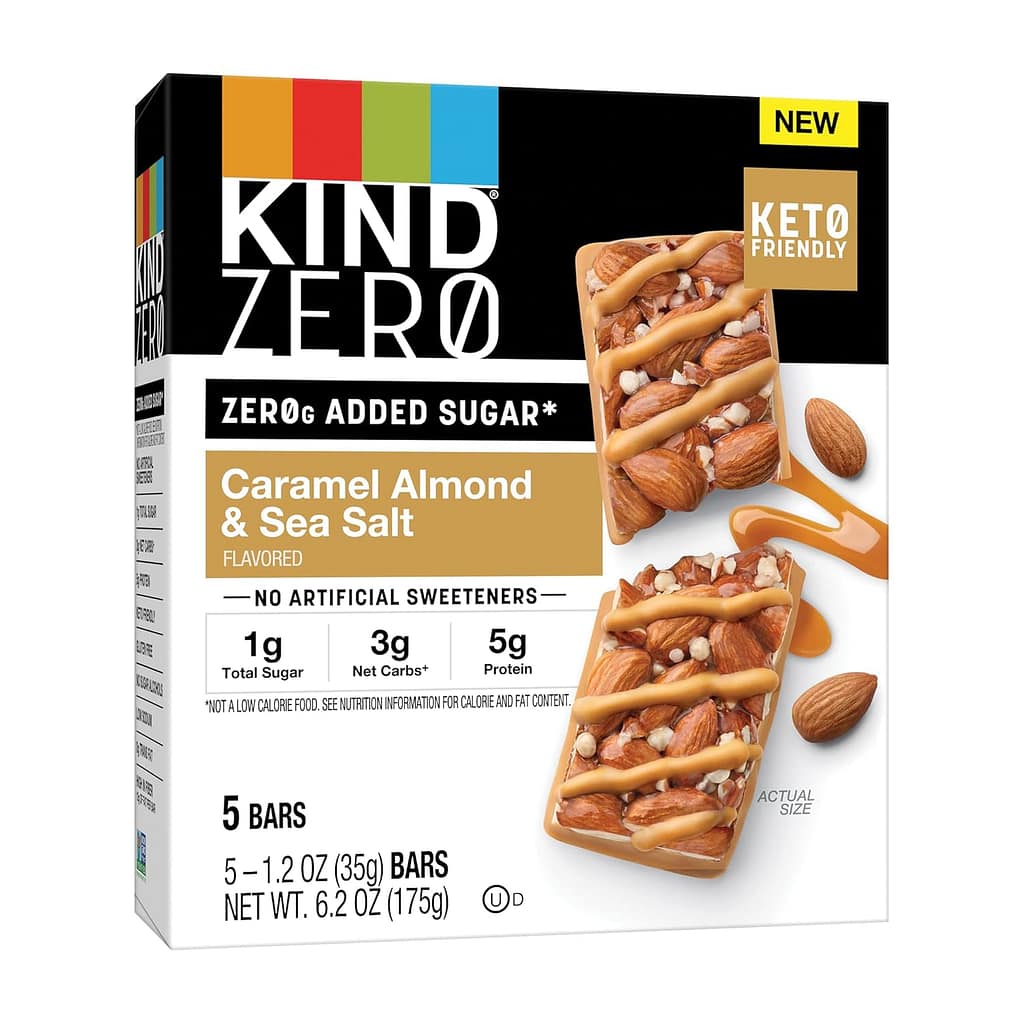 KIND ZERO Added Sugar Bars, Keto Friendly Snacks, Caramel Almond and Sea Salt Flavored, 6.2oz Box (5 Bars) KIND ZERO Added Sugar Bars, Keto Friendly Snacks, Caramel Almond and Sea Salt Flavored, 6.2oz Box (5 Bars)