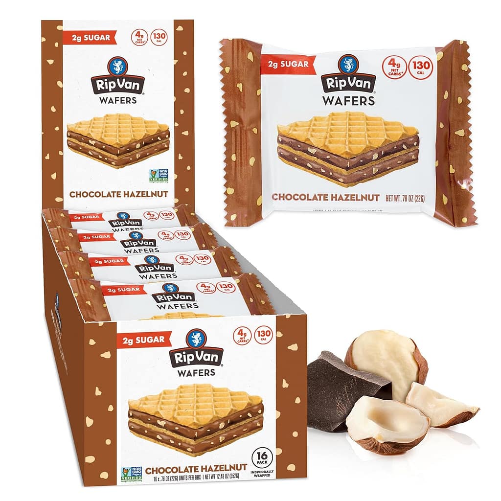 Rip Van Chocolate Hazelnut Wafer Cookies, Keto, Non-GMO, Healthy Snacks, Low Carb Low Sugar (2g), Low Calorie, Vegan, 16 Count Rip Van Chocolate Hazelnut Wafer Cookies, Keto, Non-GMO, Healthy Snacks, Low Carb Low Sugar (2g), Low Calorie, Vegan, 16 Count