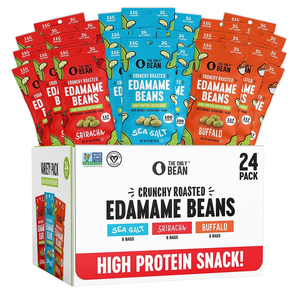 The Only Bean Crunchy Roasted Edamame - Healthy Snacks for Adults and Kids (Variety Pack), Low Calorie Carb Keto Snack Food, Vegan Gluten Free High Protein Snacks (11g), Office Snack, 0.9oz 24 pack The Only Bean Crunchy Roasted Edamame - Healthy Snacks for Adults and Kids (Variety Pack), Low Calorie Carb Keto Snack Food, Vegan Gluten Free High Protein Snacks (11g), Office Snack, 0.9oz 24 pack