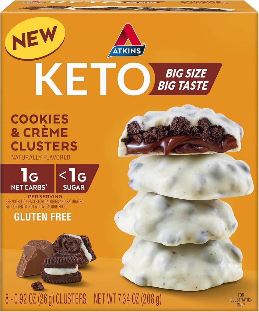 Atkins Keto Cookies Crème Clusters, Gluten Free, High Fiber, Low Carb, Keto Friendly, 8 Count Atkins Keto Cookies Crème Clusters, Gluten Free, High Fiber, Low Carb, Keto Friendly, 8 Count
