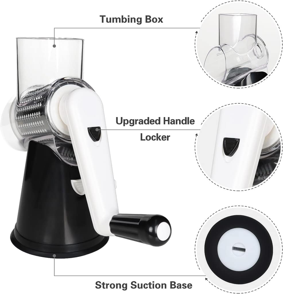 Cambom Rotary Cheese Grater Hand Crank Cheese Shredder for Fresh Cheese, Vegetable, Nuts,Non-slip Suction Base, Free Cleaning Brush Three Blades, Black Cambom Rotary Cheese Grater Hand Crank Cheese Shredder for Fresh Cheese, Vegetable, Nuts,Non-slip Suction Base, Free Cleaning Brush Three Blades, Black
